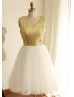 Gold Sequin Ivory Tulle Cut Out Back Sparkling Bridesmaid Dress